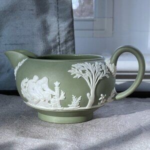 Wedgwood Sage Green Jasperware Creamer / Milk Jug, Cream on Celadon Retired
